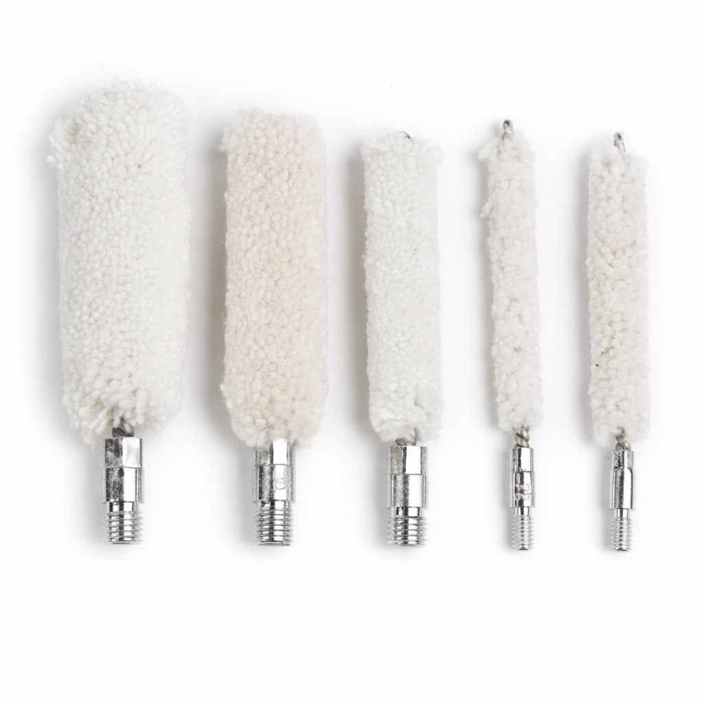 Five white gun cleaning brushes with silver bases on a white background