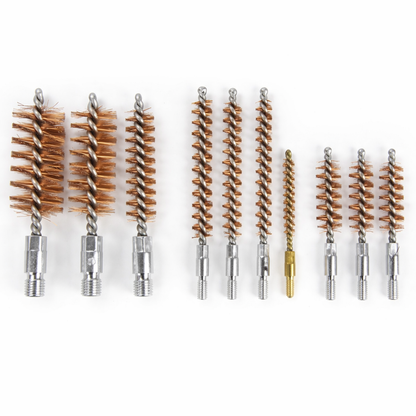 Set of gun cleaning brushes with varying sizes on a white background
