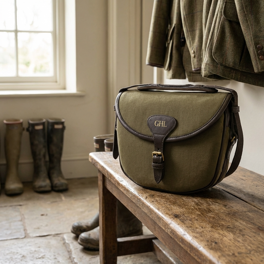 Personalised green canvas cartridge bag in a countryside boot room