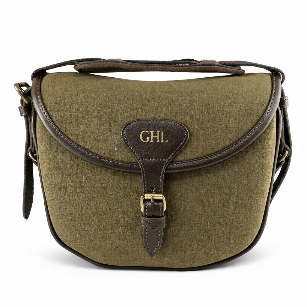 personalised green canvas cartridge bag on white from the front