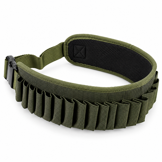An olive green cartridge belt with multiple vertical webbing loops and a black quick-release buckle, shown on a clean white background.