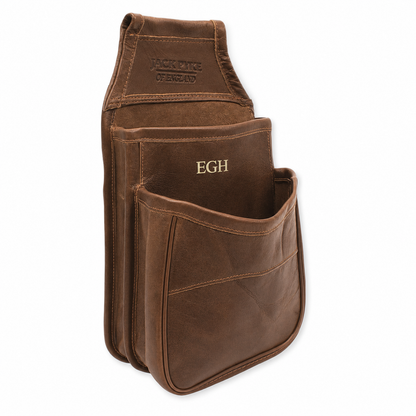 Brown nubuck leather cartridge pouch with 'Egh' monogram on a white background