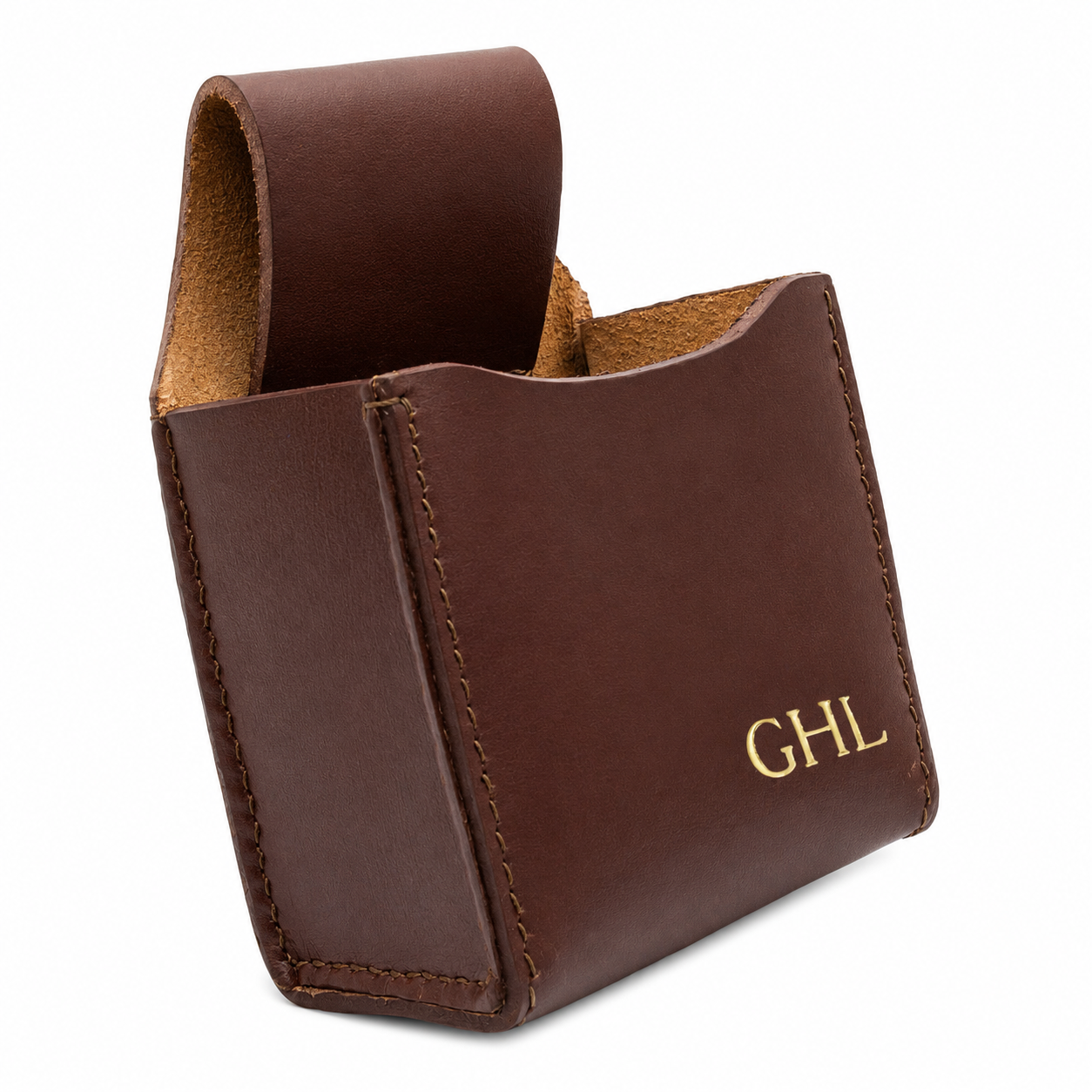 Brown leather cartridge box with 'GHL' monogram on a white background