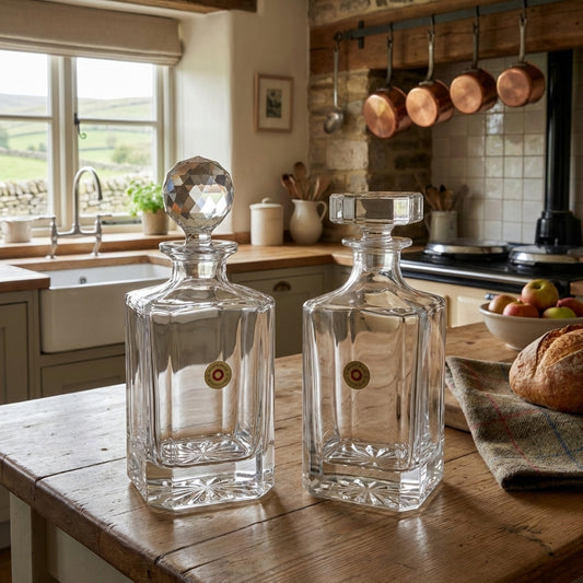 Cartridge Head decanters in a countryside kitchen