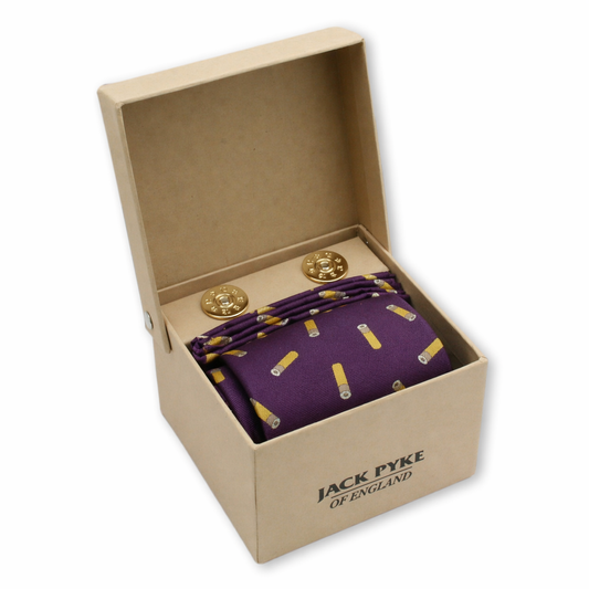 Cartridge Design Hanky & Tie Set with cufflinks in gift box on white background