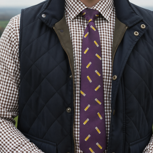 Cartridge Design Tie being worn by man in shirt and gilet
