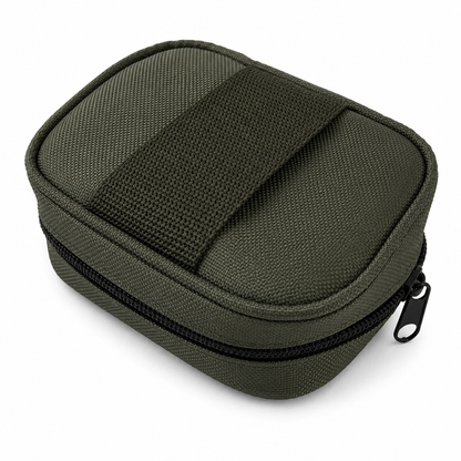 An olive green zippered rifle cleaning case with a black zipper and a black hook-and-loop strap, shown on a plain white background.