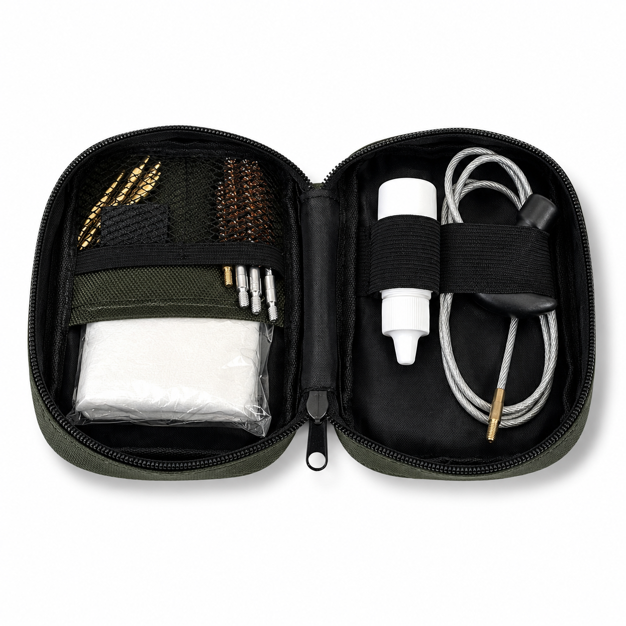 An open black zippered carrying case displaying a comprehensive rifle cleaning kit with brass and silver nozzles, a white bottle, a gray coiled bore snake, and a white cleaning pad on a solid white background.