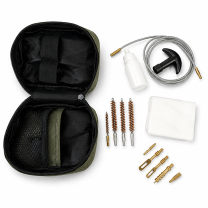 An open zippered rifle cleaning kit case on a white background, showing a black interior organizer, a white spray bottle, a grey cleaning bore snake, several brass and silver brush tips, a white cloth, and several brass nozzle adapters.