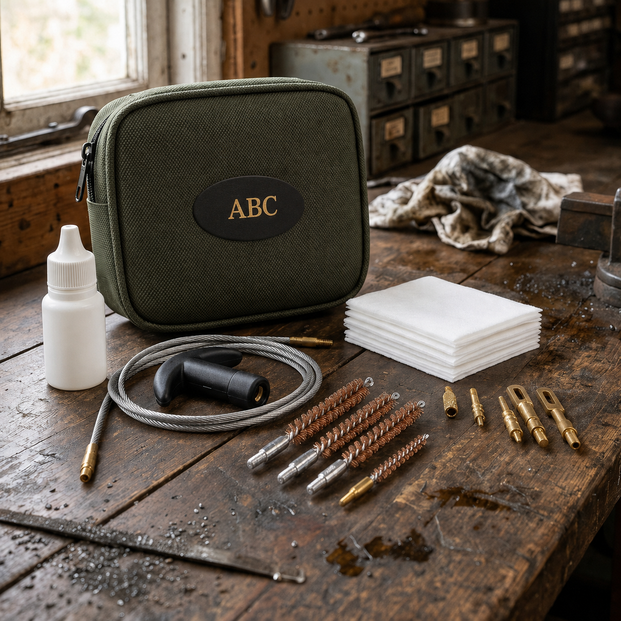 An olive green zippered rifle cleaning kit with a black oval patch reading 'ABC' in gold, placed on a rustic wooden workbench surrounded by cleaning tools, brass screwdrivers, a small white bottle, and white cloth squares in a workshop setting.