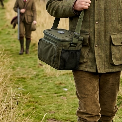 A person outdoors wearing an olive green tweed jacket and brown trousers, carrying a dark olive green insulated shoulder bag with a black mesh pocket. Another person in matching tweed clothing is blurred in the background on a grassy path.