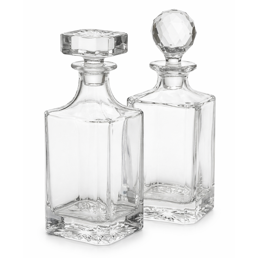 Two glass decanters on white background