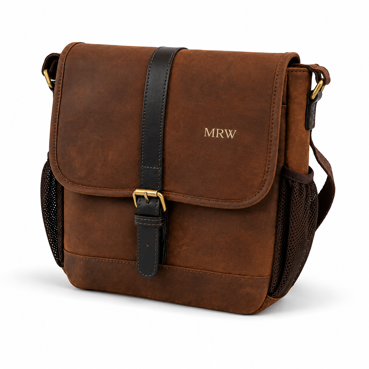 Brown nubuck leather dog training bag with 'MRW' monogram on a white background