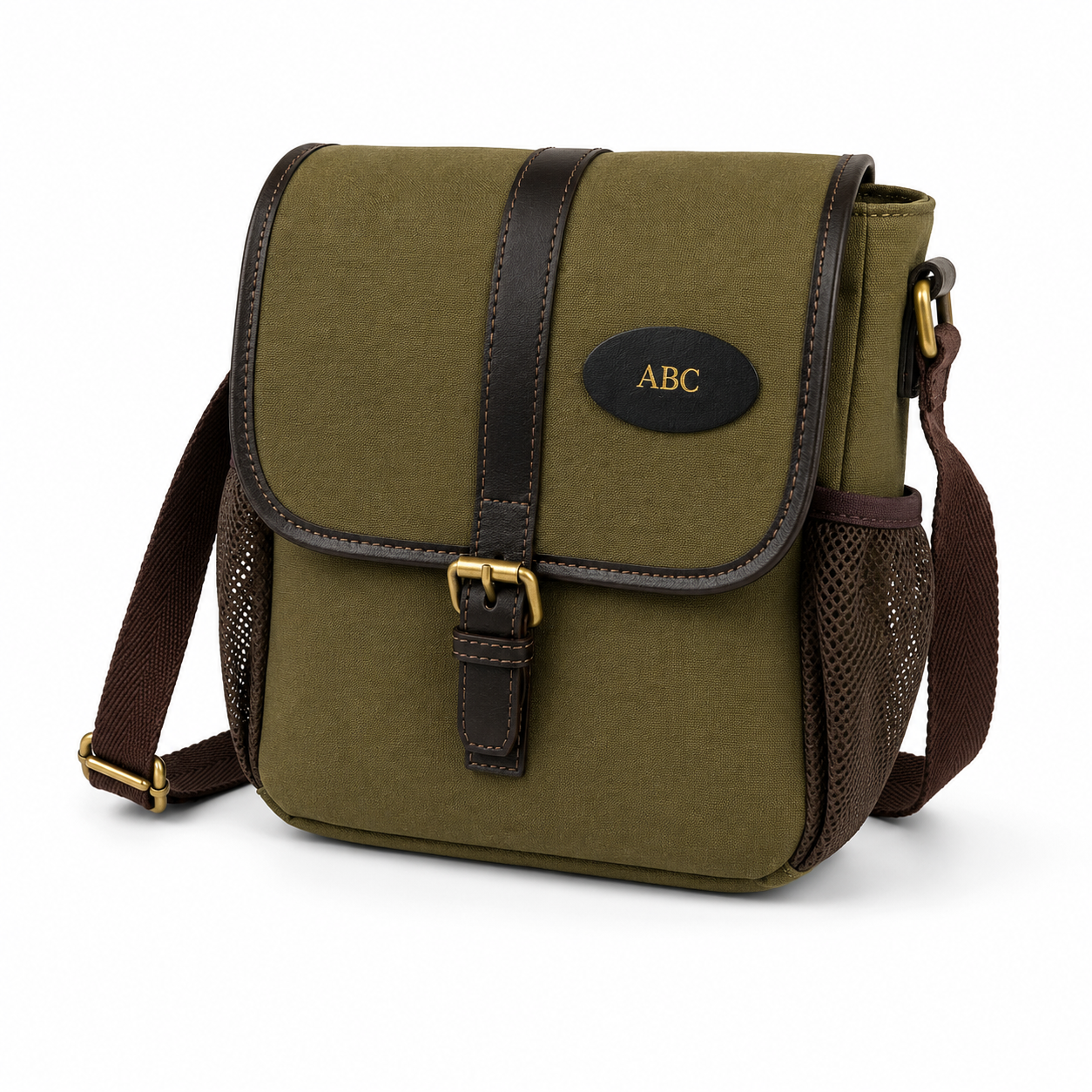 Green dog training shoulder bag with brown accents on a white background