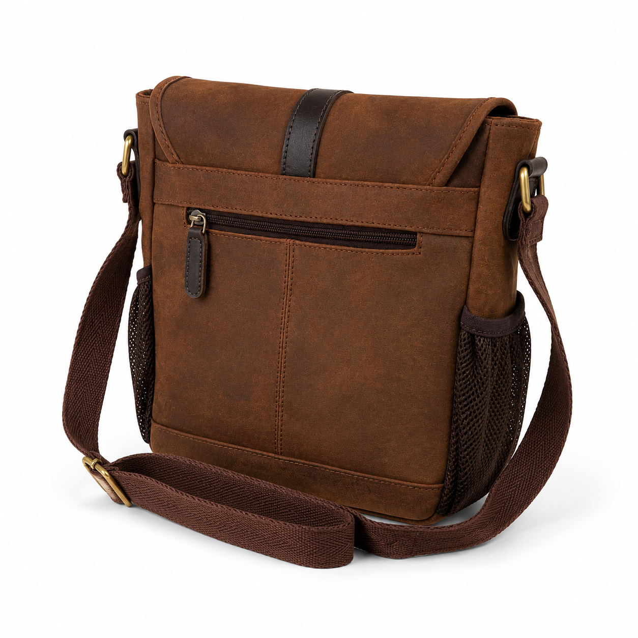 The back of a brown leather crossbody dog training bag on a white background