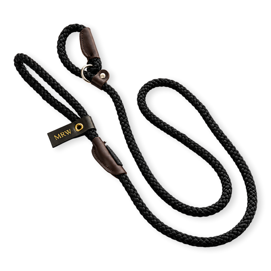 Black dog leash with brown leather ends and a visible embossing tag on a white background