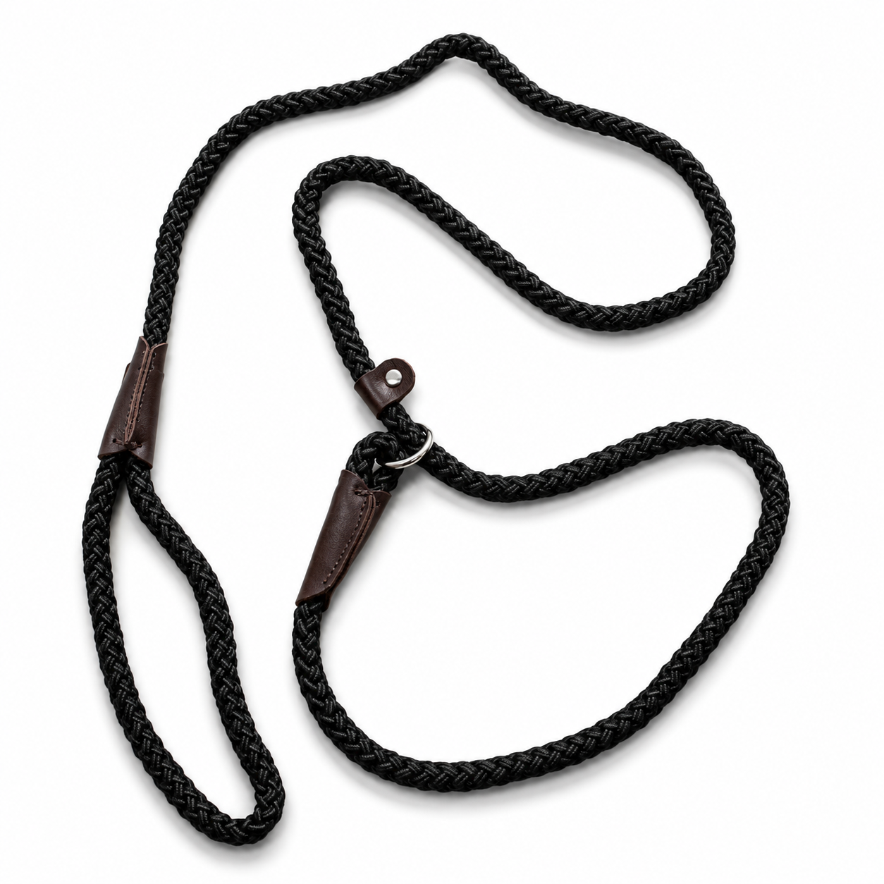 black dog lead laid out on white background