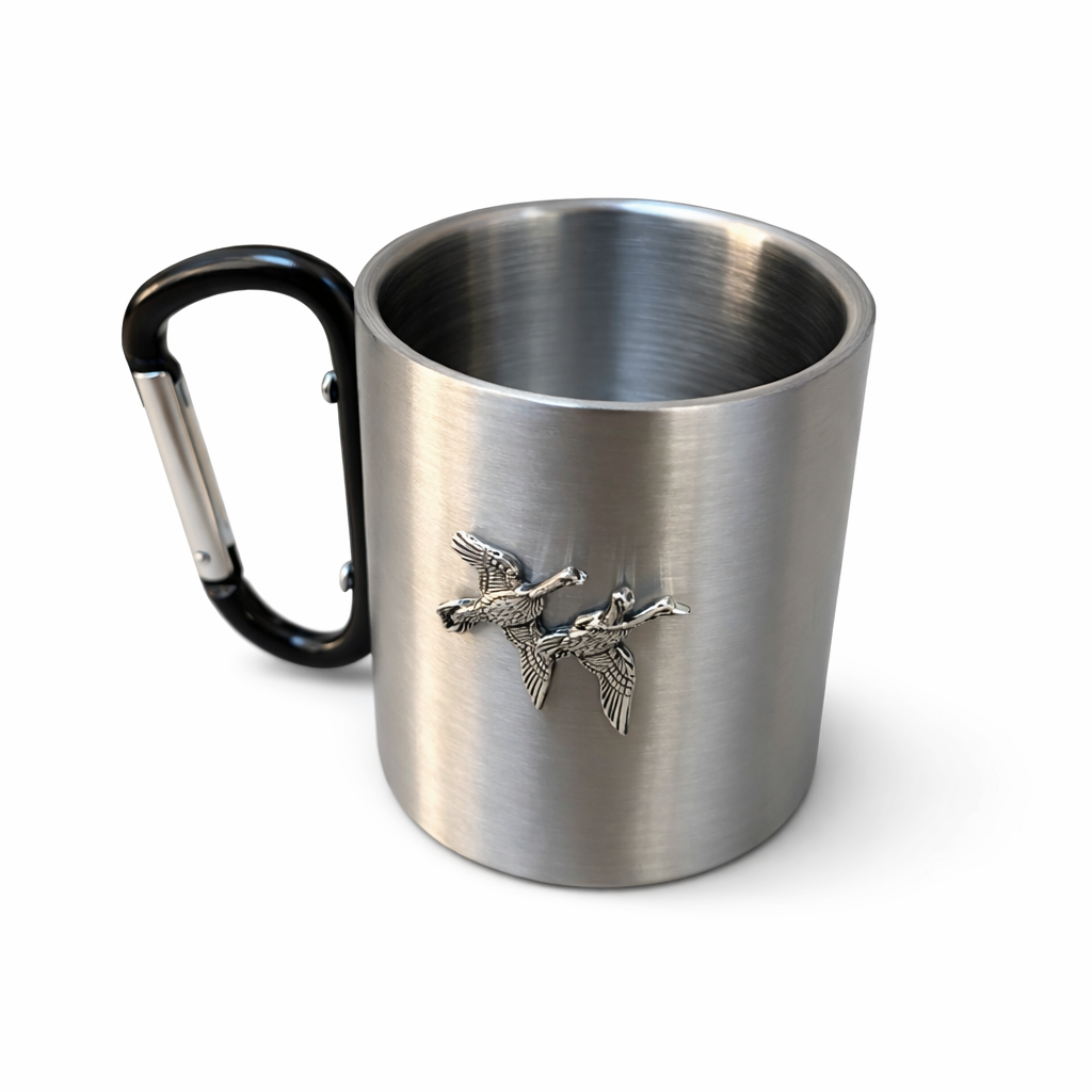 Stainless steel mug with black carabiner handle and ducks emblem on a white background