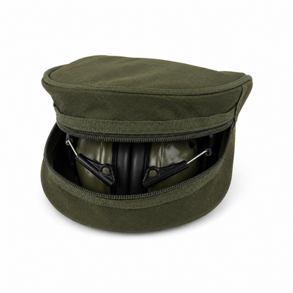 Green ear protection case with a pair of ear protectors inside on a white background