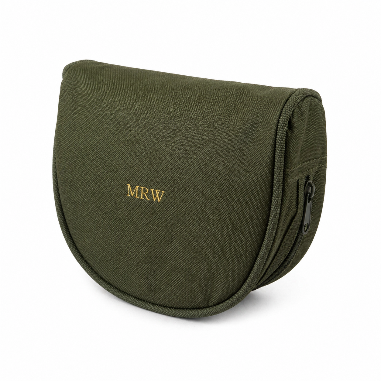 Green ear defender case with initials embossed on a white background