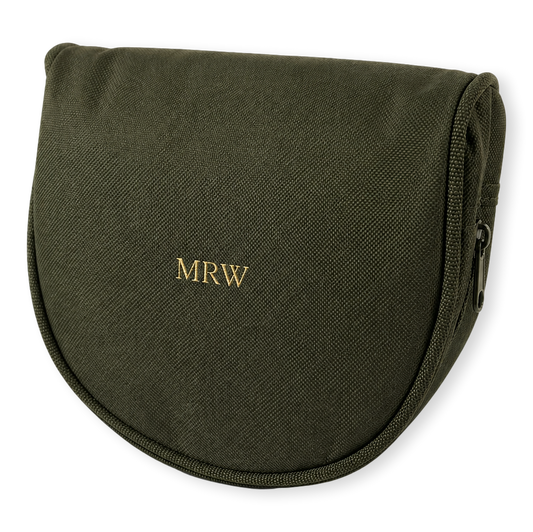 Green ear defender case with 'MRW' monogram on a white background