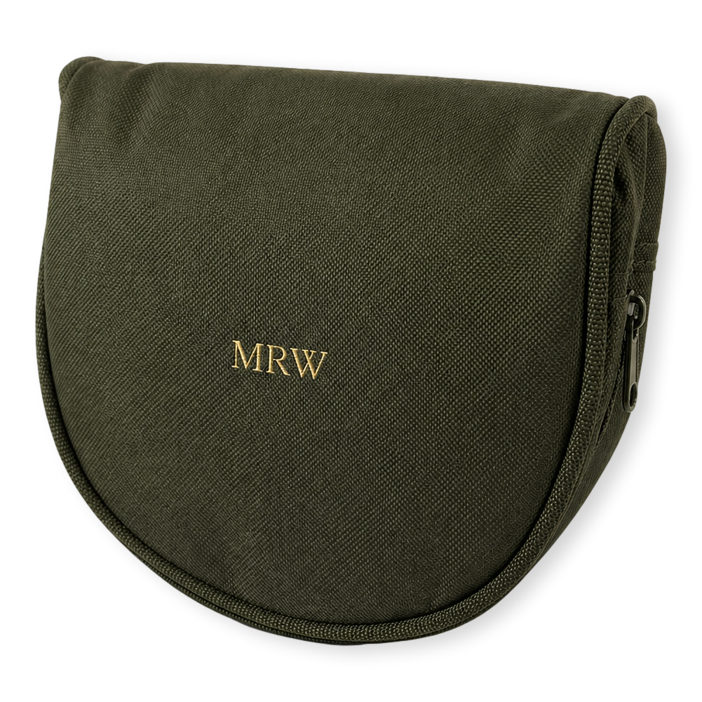 Green pouch with 'MRW' monogram on a white background