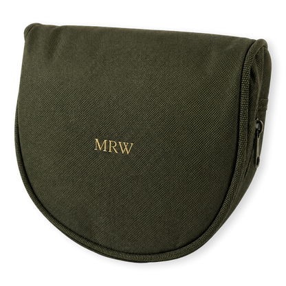 Green pouch with 'MRW' monogram on a white background