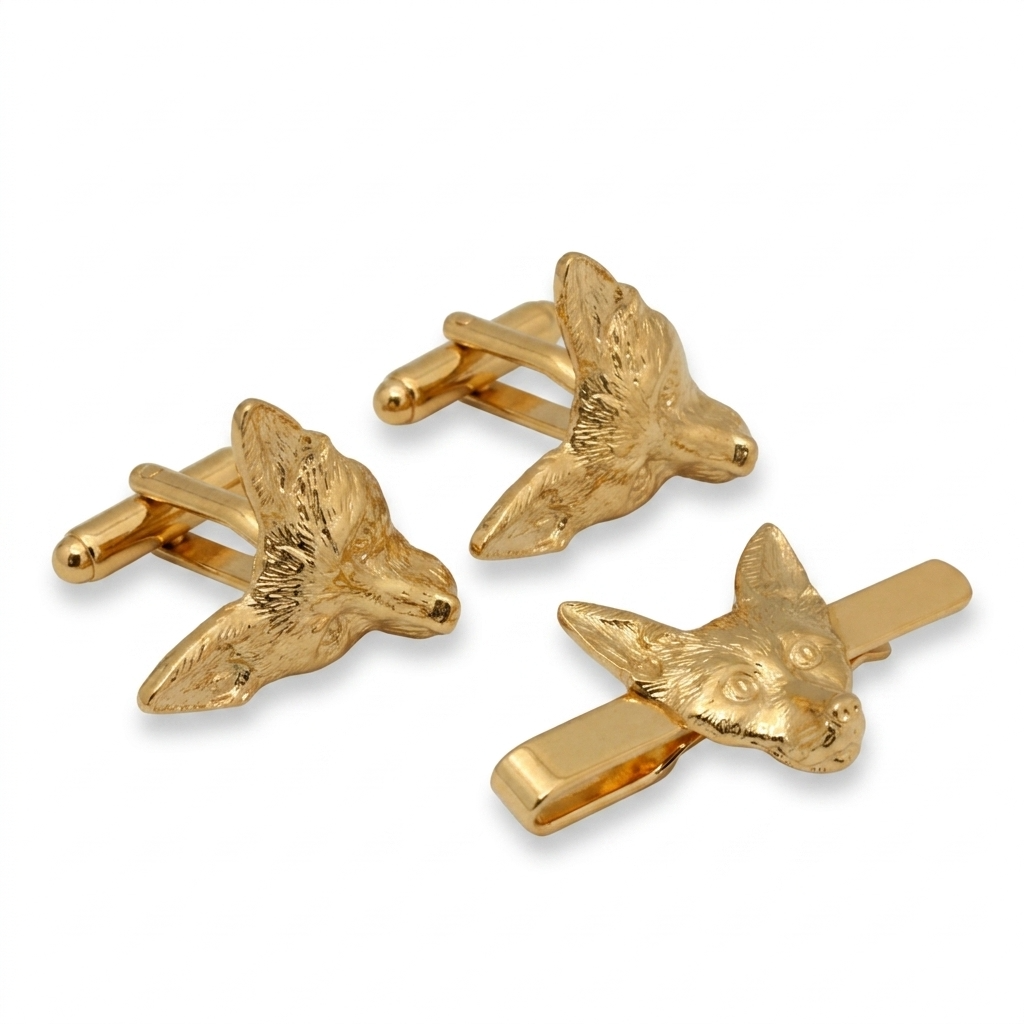 gold-toned cufflinks & tie slide shaped like fox heads, displayed on a clean white background.
