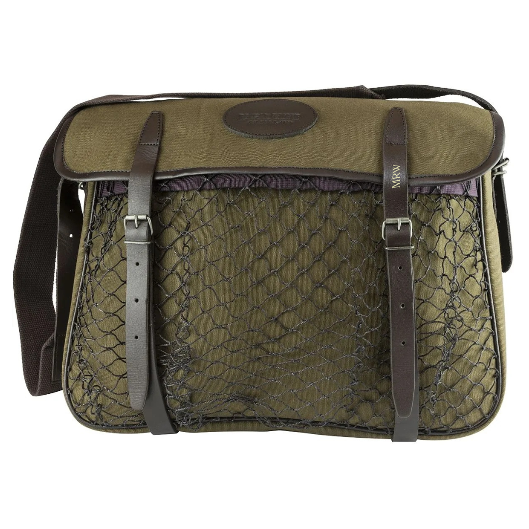 Green game bag with brown straps on a white background
