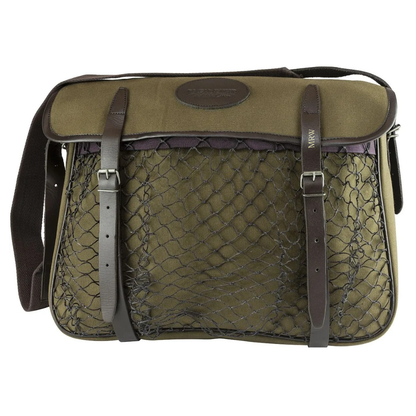 Green game bag with brown straps on a white background