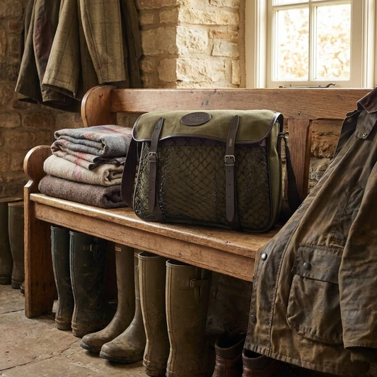 Game bag in a classic British country home boot room