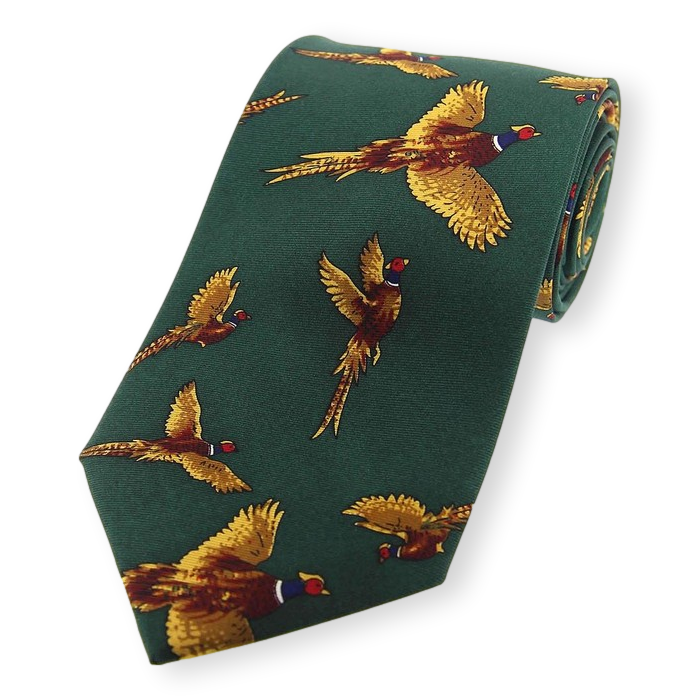 Green tie with pheasant pattern on a white background