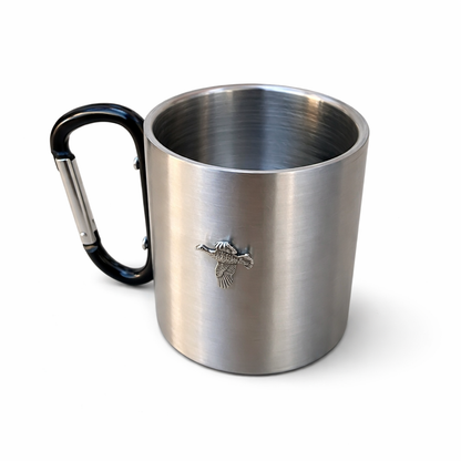 Stainless steel mug with black carabiner handle and grouse emblem on a white background