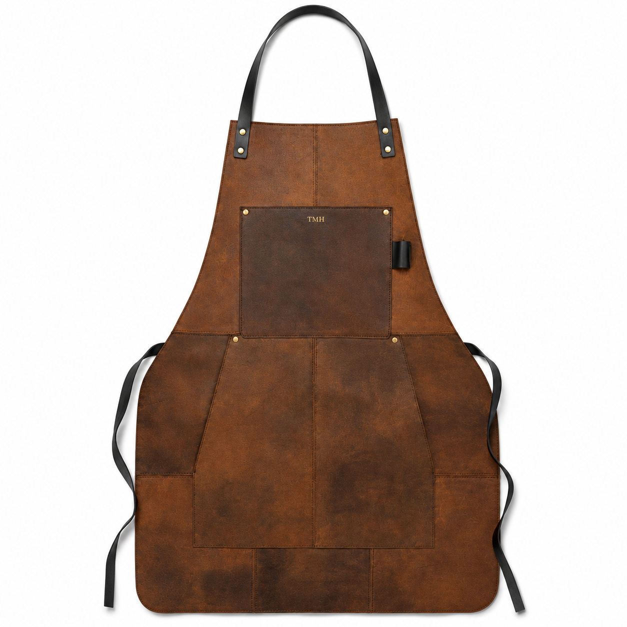 A brown leather gunsmith's apron with a distressed finish, featuring a large front pocket, black neck strap, waist ties, and "embossed initials" on the pocket, shown against a plain white background