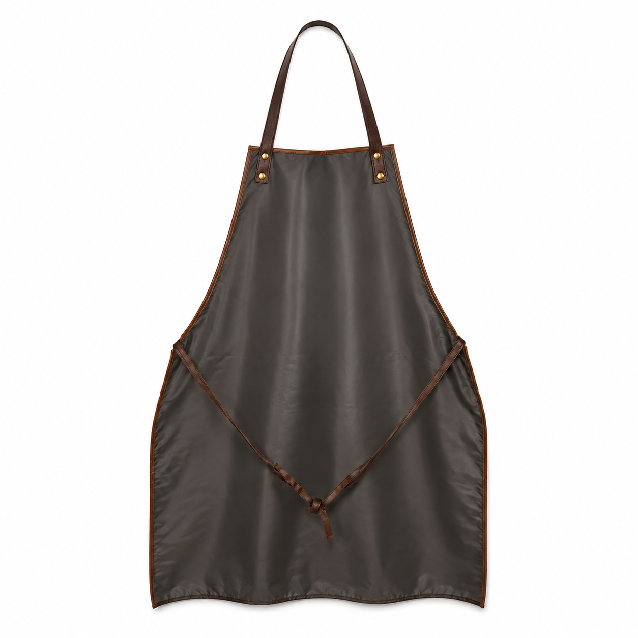 The back of a brown gunsmith's apron with matching brown leather straps and trim, shown flat against a solid white background.