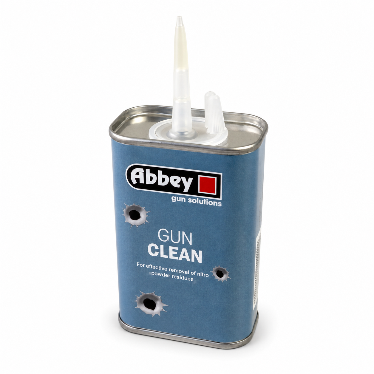 Abbey Gun Clean container, a blue metal can with a clear plastic applicator nozzle, shown on a white background.