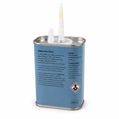 A 125ml metal can of Abbey Gun Clean solvent, featuring a light blue label with white text and a white plastic nozzle applicator on a white background.