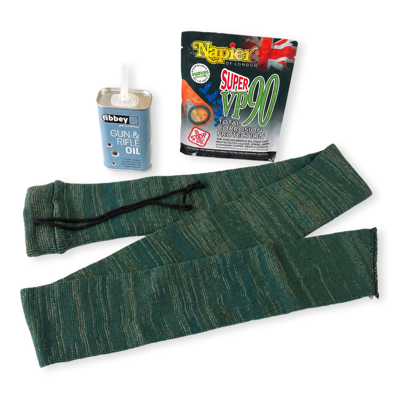 A  green gun sock black drawstrings, shown alongside a tin of Abbey Gun & Rifle Oil and a package of Napier Super VP-90 Total Protection Felt Pads on a white background.