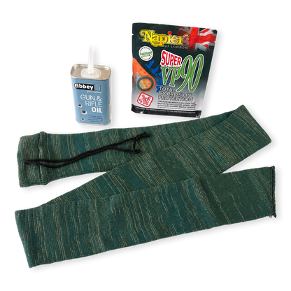 A  green gun sock black drawstrings, shown alongside a tin of Abbey Gun & Rifle Oil and a package of Napier Super VP-90 Total Protection Felt Pads on a white background.