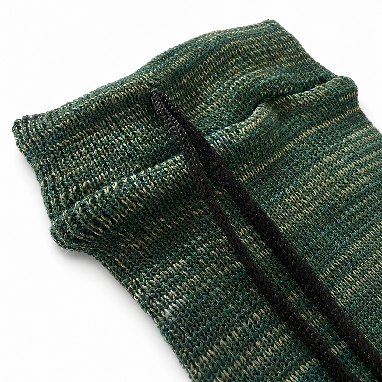 Closeup details of the drawstring on a green fabric gun slip sock