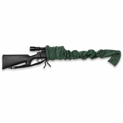 A green textured fabric gun pouch wrapped around the body of a black rifle, shown against a plain white background.
