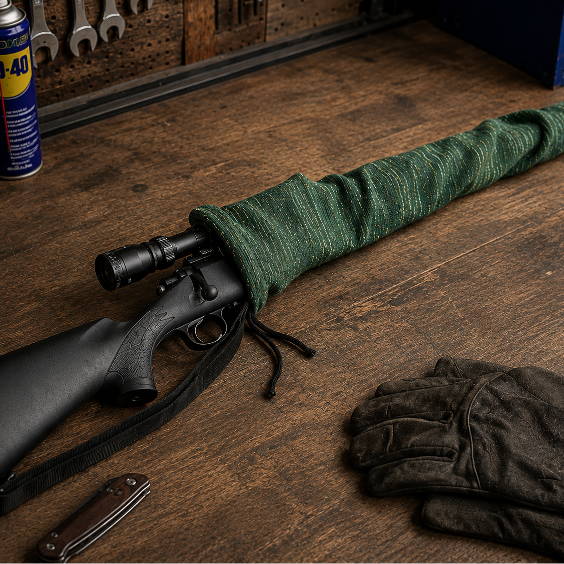 A black rifle with a mounted scope rests on a wooden workbench, partially wrapped in a green textured fabric sock. A black glove and a folding knife are placed nearby, with a workshop background including a pegboard with wrenches and a blue cabinet.