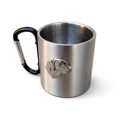 Stainless steel mug with black carabiner handle and Labrador emblem on a white background