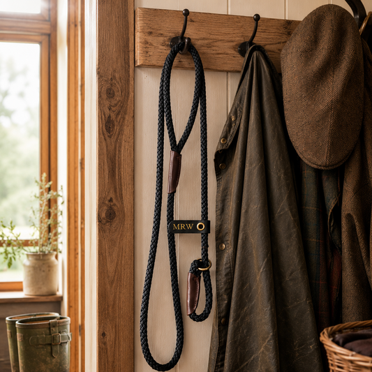 A dark navy blue braided dog lead with a  'MRW' leather tag hangs on a wooden peg from a rustic wall hook. To the right, a dark waxed canvas riding coat and a brown tweed flat cap hang on hooks, with a wicker basket and rain boots visible in the background.