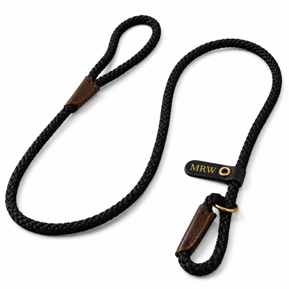 Dog rope slip lead & leather tag with "MRW" embossed on it. 