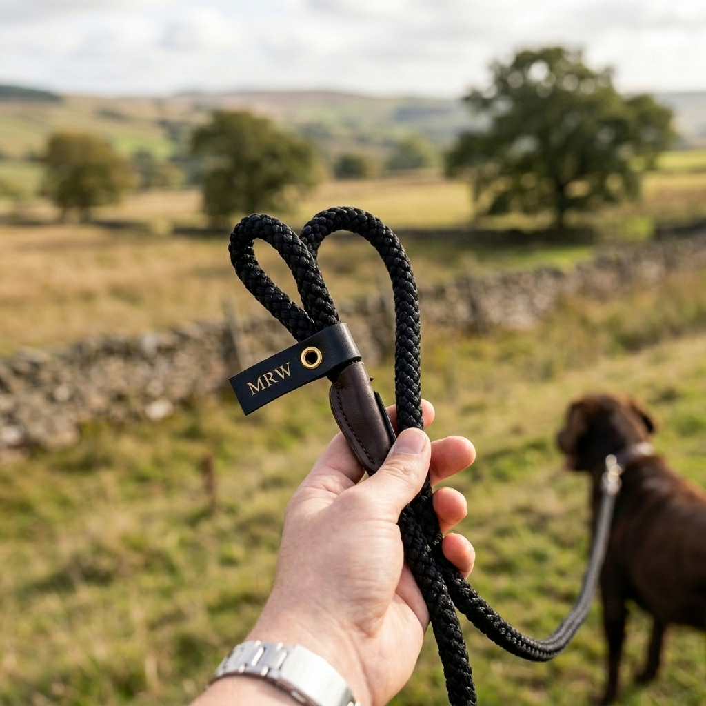 Hand holding a black rope dog leash with embossing, with a dog in the background in a field.