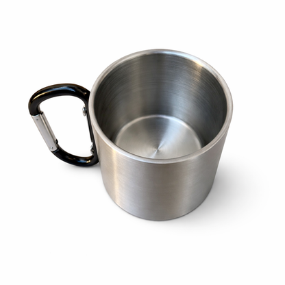 Stainless steel mug with black handle and carabiner on a white background