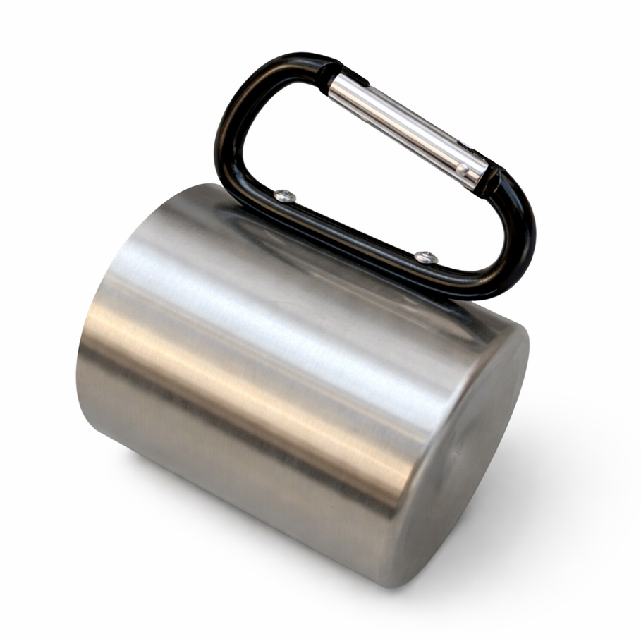 Metal mug with a black carabiner on a white background