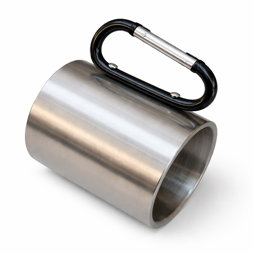 Stainless steel cup with a carabiner handle on a white background