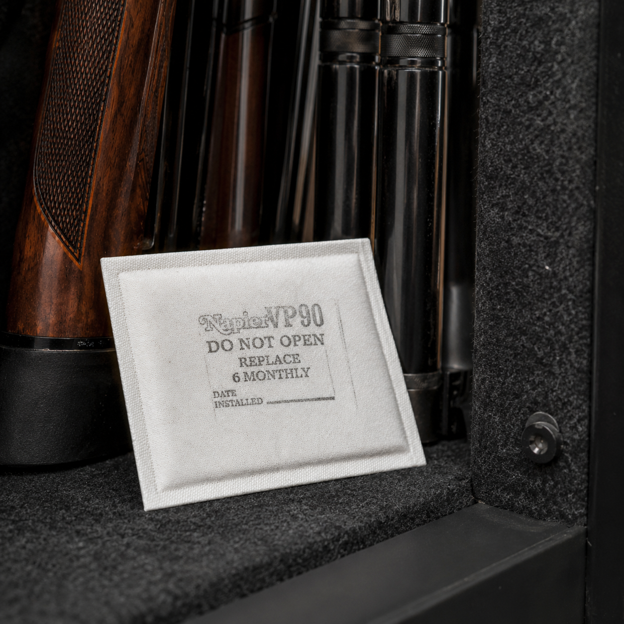 A single sachet of Napier of London Super VP90 Total Corrosion Protection inside a gun cabinet